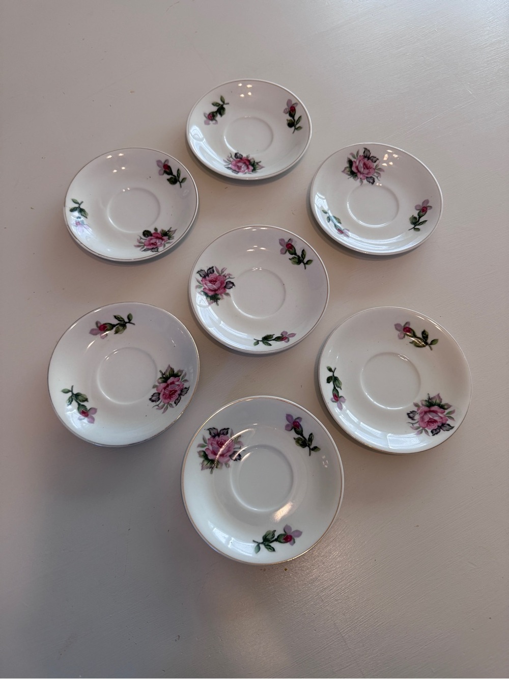 7 pc Plate Wall Set - White Saucer Set with Pink Rose Floral Pattern - Grandchic